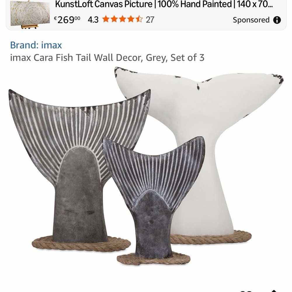 Cara Fish Tail Wall Decor, Gray and White, Set of 3